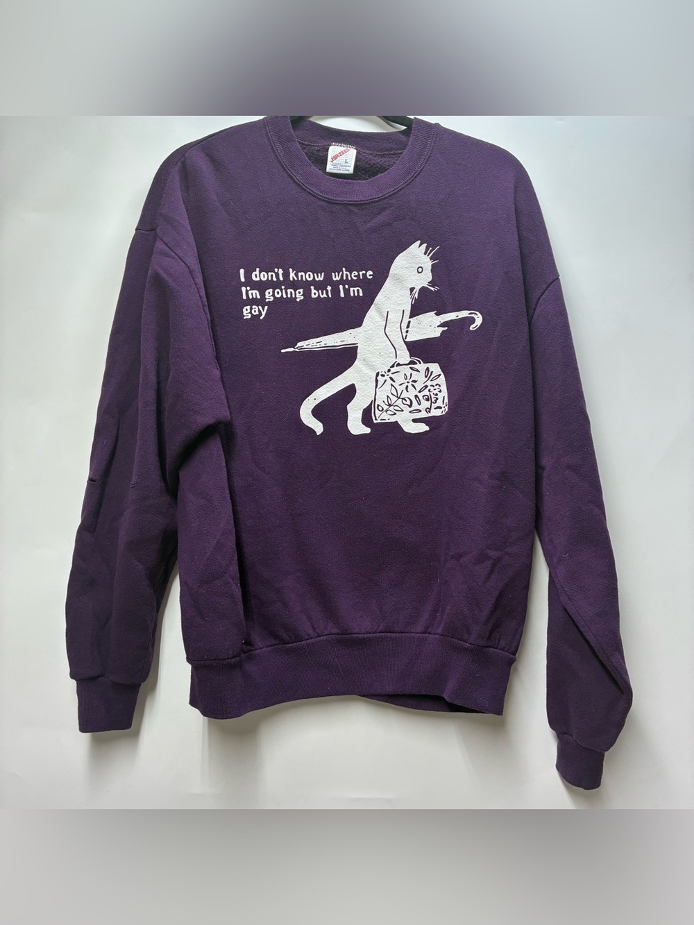 Vintage 90s Gay Cat I Don’t Know Where I’m Going Graphic Crewneck Sweater Purple